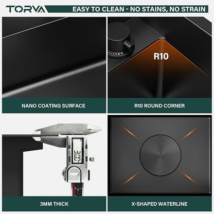 TORVA RV Kitchen Sink, 15 x 18 x 9 Inch Undermount Bar Sink 16 Gauge Stainless Steel Single Bowl Workstation Sink with Faucet Cutting Board, Dark Grey