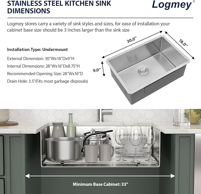 Logmey 30 Inch Undermount Kitchen Sink 30x18 Stainless Steel Sinks SUS304 16 Gauge Single Bowl Handmade Round corner Sinks 30x18x9