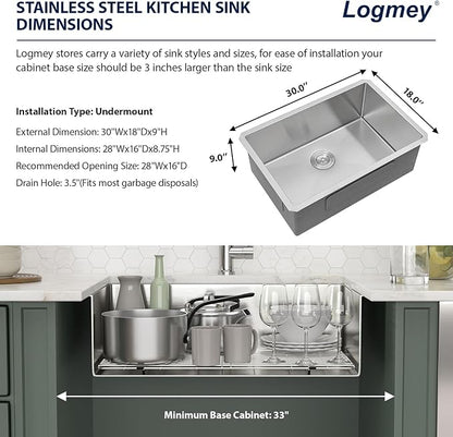 Logmey 30 Inch Undermount Kitchen Sink 30x18 Stainless Steel Sinks SUS304 16 Gauge Single Bowl Handmade Round corner Sinks 30x18x9