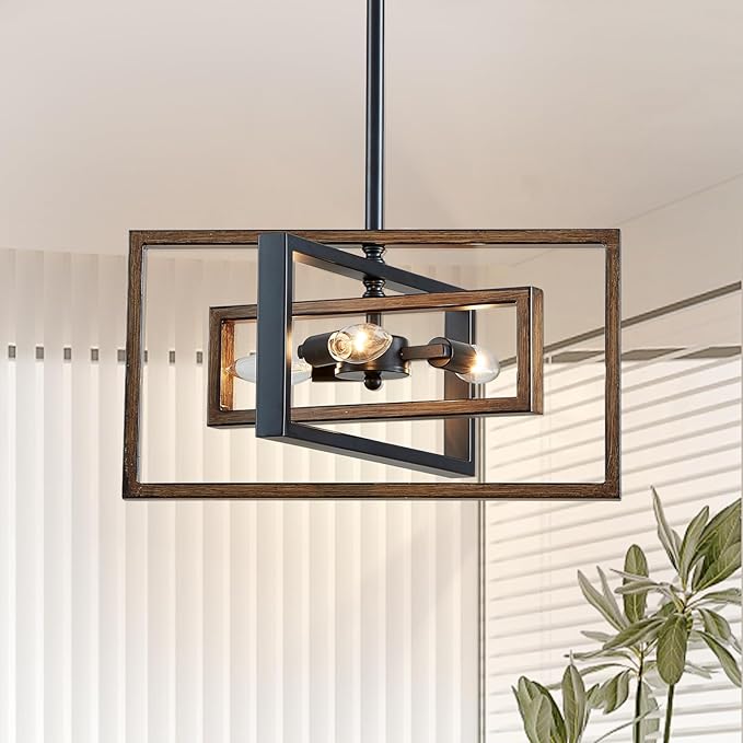 Black Chandelier, 3-Light Farmhouse Rectangular Ceiling Lighting Fixtures, 16" Faux-Wood Metal Pendant Light Height Adjustable for Foyer, Entryway, Kitchen, Dining Room