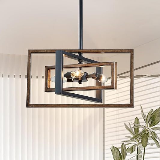 Black Chandelier, 3-Light Farmhouse Rectangular Ceiling Lighting Fixtures, 16" Faux-Wood Metal Pendant Light Height Adjustable for Foyer, Entryway, Kitchen, Dining Room