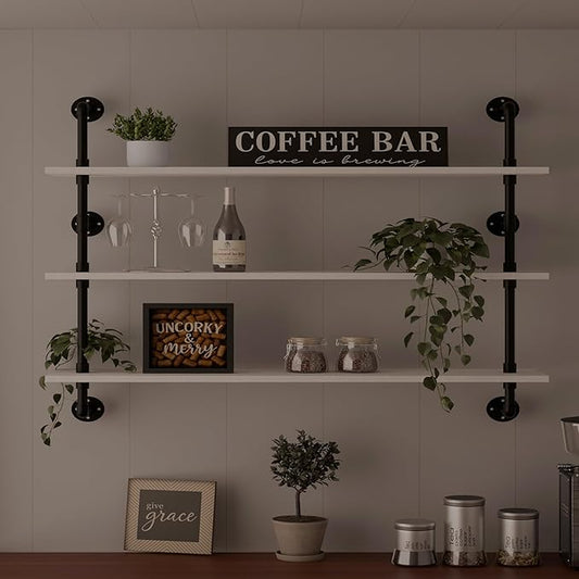 HDDFER Industrial Pipe Shelving Rustic White Pipe Wall Shelves Industrial Shelves with Wood Planks Floating Shelves 48 Inch Farmhouse Bathroom,Kitchen Shelving Wall Mounted