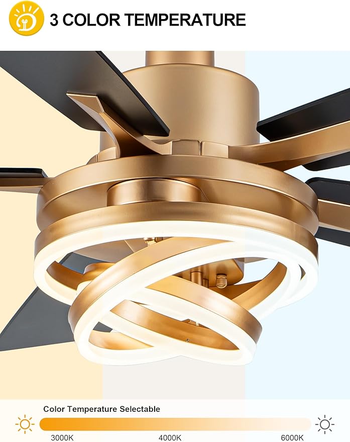 Dawn Whisper 52" Ceiling Fan with Light Gold Chandelier Fan DC Motor Dimmable LED Modern Ceiling Fan with Light for Bedroom Living Room