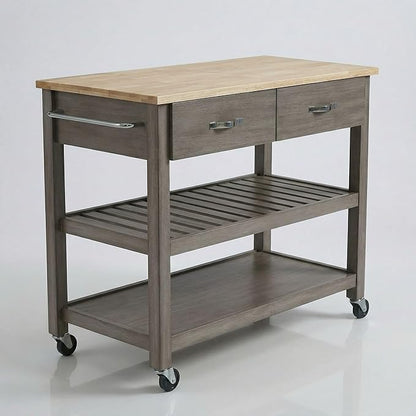 Casaphoria Amanda Collection Solid Wood Kitchen Island, 42" Butcher Block Cart with Rubberwood Top & Locable Wheels, Prep Table for Small Spaces (Weathered Gray)