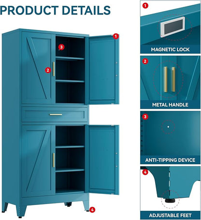 71" Tall Farmhouse Pantry Cabinet,Metal Cabinet with Adjustable Shelves and Doors,Storage Cabinet for Kitchen Garage,Blue 1 Pack