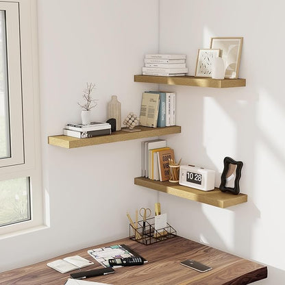 Fun Memories Floating Shelves for Wall, 32W x 8D Floating Wall Shelves with Invisible Brackets Set of 2, Hanging Rustic Wood Shelf Decoration for Bedroom, Bathroom, Living Room and Kitchen, Oak