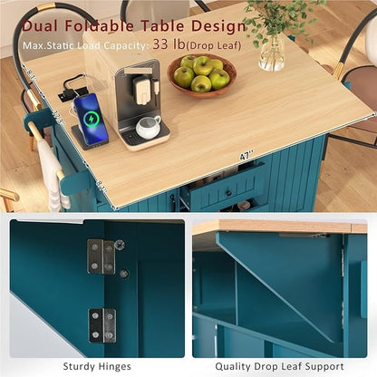 Large Kitchen Island with 2 Drop Leaf Rolling Cart with Power Outlet Folding Storage Dining Table with Spice and Towel Rack Practical(Blue)
