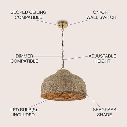JONATHAN Y 20" Brown/Brass Gold 1-Light Rattan and Iron Dome Pendant Light, Adjustable Height Coastal Bohemian Hanging Lamp for Kitchen Island, LED Bulb Included JYL1133A