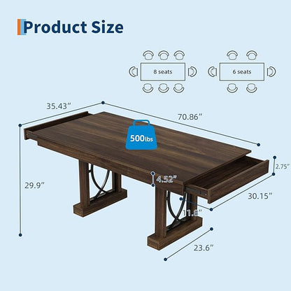 Garvee 71-Inch Dining Table for 6-8 with 2 Drawers, Large Dining Table with Sturdy Frame & Double Pedesta, 6 ft Wood Rectangular Dining Room Table w/Large Tabletop, for Kitchen, Dinner, Walnut