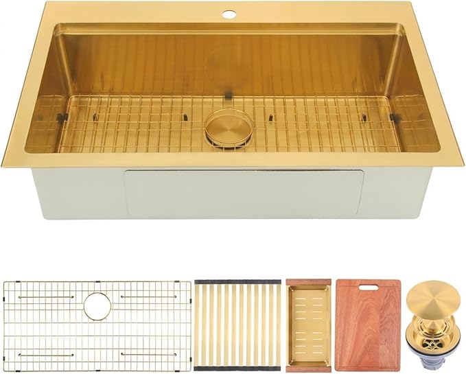 Gold Kitchen Sink 36" X 22",Drop In/Top Mount 16 Gauge Stainless Steel Workstation Sink,Deep & Large Single Bowl Kitchen Sinks (Gold, 36" X 22")