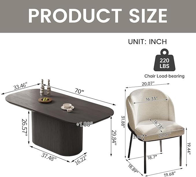 Miuuod 70.86" Large Oval Dining Table Set with 6 Chairs, Farmhouse Wood Kitchen Table Set, Modern Dining Room Furniture,Space-Saving Pedestal Base, Easy Clean, Dark Grey