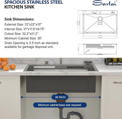 Sarlai 33 Inch Waterfall Kitchen Sink - 33x22 Inch Drop In Kitchen Sink Ledge Workstation Topmount Multifuctional Smart Stainless Steel 16 Guage Single Bowl Sinks Basin with Faucet