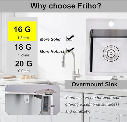Friho 15 x 17 inch Bar Sink, 15 inch Drop in Wet Bar Sink 16 Gauge Stainless Steel 9 Inch Deep Top Mount Single Bowl Outdoor Rv Sink With Drain