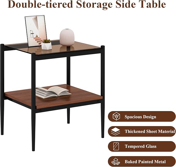 Set of 2 Glass End Table, 2-Layer Glass Living Room Table, Modern Tea Table Side Tables for Home Office Furniture