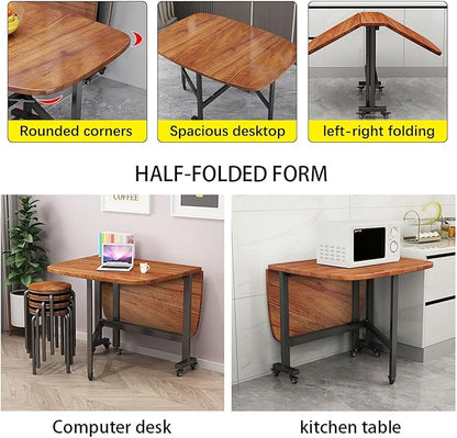 Multifunction Table Drop Leaf Dining Table 47.2×27.6/31.5×29.5in Wooden Foldable Kitchen Table with 6 Wheels (Brown) Folding Kitchen Table with Solid Wood Legs, Farmhouse Extendable Table for 8 People