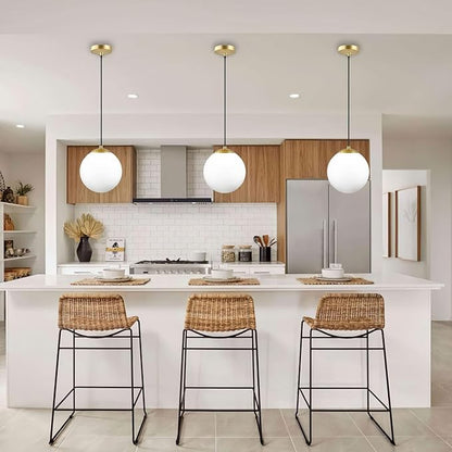 KoKo&Yukina 8 Inch Gold Modern Globe Pendant Light White Glass with Brass Finish Contemporary Mid Century Adjustable Hanging Light Fixture for Living Room Bedroom Bathroom Kitchen (Bulb Incl.)