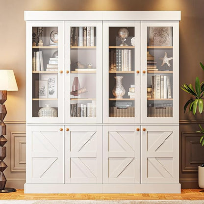 ivaniti 71" Tall Farmhouse Kitchen Pantry, Rustic Large Storage Cabinet with Glass Doors, Adjustable Shelves, Wood Versatile Hutch Cabinet for Dining Room, Living Room, White 2 Pcs