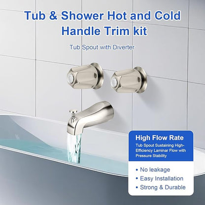 2 Piece Bathtub Shower Knob Replacement, with Diverter Bath Tub Spout Kit, Hot and Cold Faucet Knobs Compatible with Price Pfister Verve Tub Shower (Brushed Nickel)