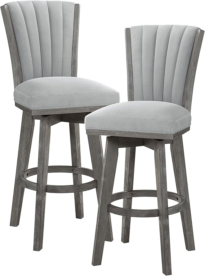 Lexicon Swivel Bar Stools Set of 2, Wood Frame Bar Height Stools with Footrest and Back, for Kitchen Island, Dining Room, 30.5" SH, Grey Finish and Thick Grey Velvet Cushion Seat