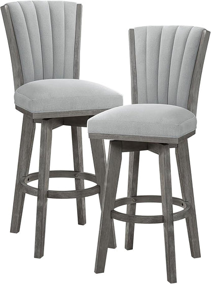 Lexicon Swivel Bar Stools Set of 2, Wood Frame Bar Height Stools with Footrest and Back, for Kitchen Island, Dining Room, 30.5" SH, Grey Finish and Thick Grey Velvet Cushion Seat