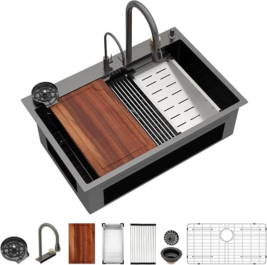 Logmey 33 Inch Waterfall Kitchen Sink Black Workstation Smart Sinks 33x22x9 Inch Drop In Kitchen Sink with faucet Combo Stainless Steel 16-Gauge Single Bowl Topmount Sinks