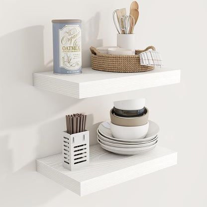 Acovy 16 Inch Floating Shelves, 9.3" Deep Floating Shelf Wall Mounted, 16" Wall Shelves, Rustic Deep Bookshelf, Large Display Shelves & Storage Shelves for Bedroom, Living Room, White, Set of 2