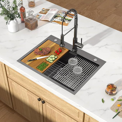 28 Inch Gunmetal Black Drop In Stainless Steel Kitchen Sink, Single Bowl 16 Gauge Workstation Large Sink with Mixing Bowl and Pasta Strainer #TLT-0059