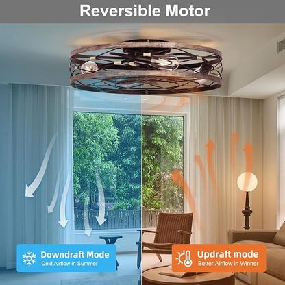SHLUCE 23.6" Caged Ceiling Fan with Light Flush Mount, Farmhouse Low Profile Ceiling Fans with Lights and Remote, 6 Speeds Rustic Large Bladeless Ceiling Fan with Light for Bedroom, Living Room