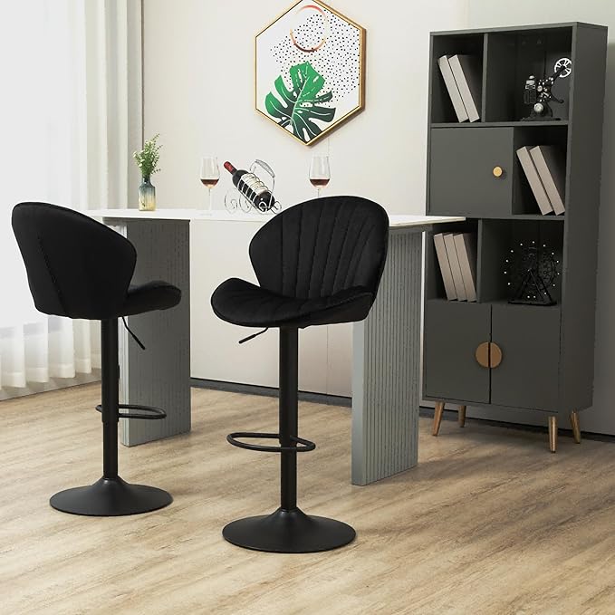 Rhomtree 24-32 Inch Swivel Bar Stools, Adjustable Counter Height Barstools, Velvet Tufted Upholstered and Footrest Barstools, Upholstered Bar Chairs for Home Bar Kitchen Island(Black Set of 2)