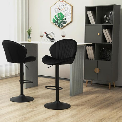 Rhomtree 24-32 Inch Swivel Bar Stools, Adjustable Counter Height Barstools, Velvet Tufted Upholstered and Footrest Barstools, Upholstered Bar Chairs for Home Bar Kitchen Island(Black Set of 2)