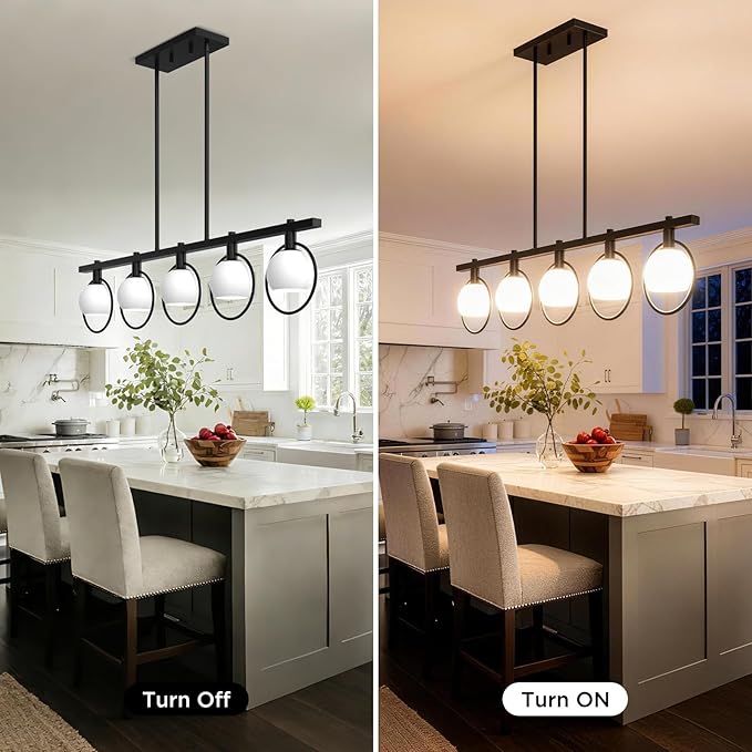 ropelux Dining Room Light Fixture, 5-Light Chandelier for Kitchen Island Over Table with E12 Socket(Bulb not Included), Black Rustic Hanging Pendant Light Fixtures with Frosted White Glass Lampshade