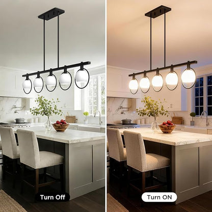ropelux Dining Room Light Fixture, 5-Light Chandelier for Kitchen Island Over Table with E12 Socket(Bulb not Included), Black Rustic Hanging Pendant Light Fixtures with Frosted White Glass Lampshade
