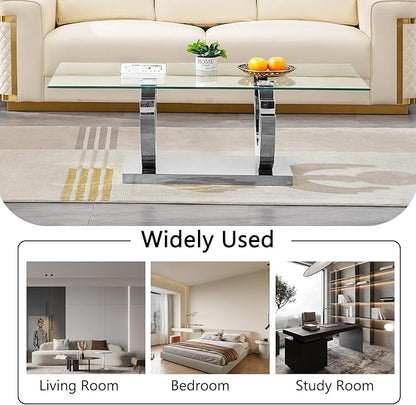 HomVent 51.18" Glass Coffee Table, Living Room Tables, Modern Silver Tempered Glass Top Side Center Tables Bedroom, Rectangle Bedside Eating Table for Home Office with Stainless Steel Base