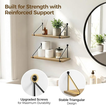 Afuly Floating Wall Shelves Rustic Wall Mounted Hanging Shelf Farmhouse Wall Bookshelf for Bathroom Kitchen Dining Living Room Wood Metal Organizers, Set of 2