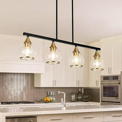 Island Light for Kitchen, 4-Light Kitchen Island Chandeliers Black and Gold Linear Hanging Pendant Light, Matte Black Farmhouse Dining Room Light Fixture Over Table with Clear Round Glass Shades