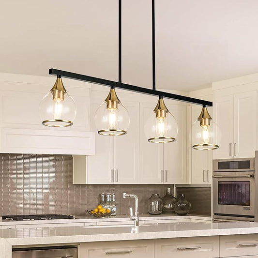 Island Light for Kitchen, 4-Light Kitchen Island Chandeliers Black and Gold Linear Hanging Pendant Light, Matte Black Farmhouse Dining Room Light Fixture Over Table with Clear Round Glass Shades