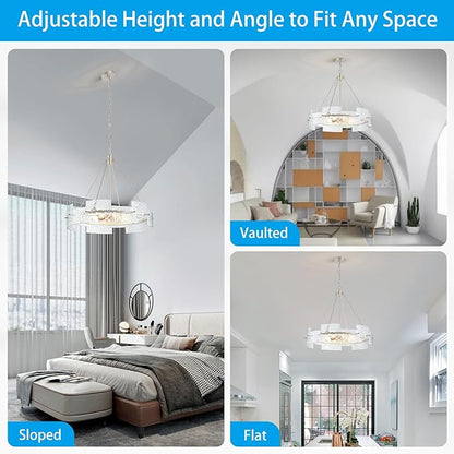 XINGQI 26" Large 8-Light Modern Silver Glass Chandelier Drum Light Fixture Round Water Ripple Pendant Lighting for Dining Room Living Room Kitchen Island Office