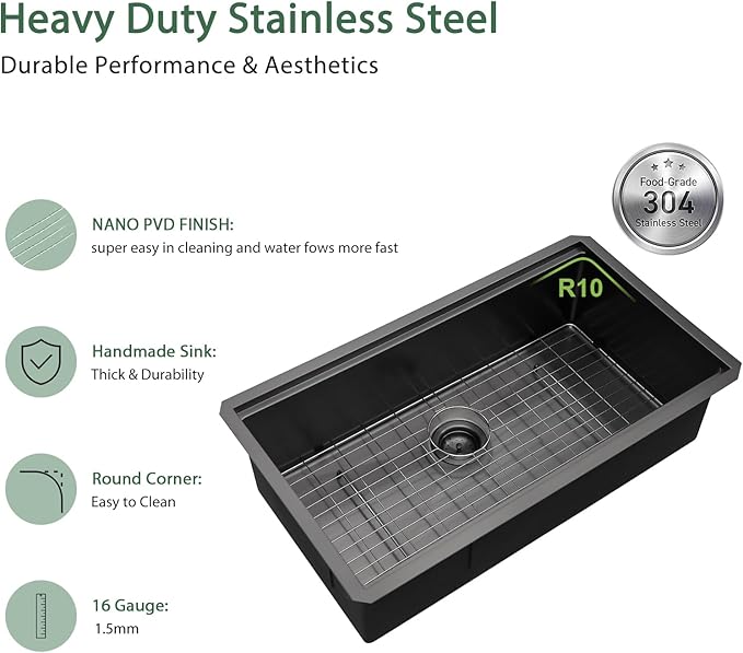 Black Undermount Kitchen Sink 30 Inch Stainless Steel Workstation Kitchen Sinks Single Bowl Gunmetal Black Nano PVD 16 Gague Handmade Large Deep Sinks, 30"x19"x9"