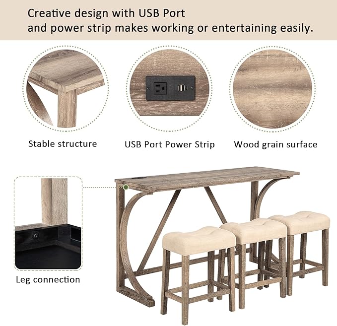 Polibi 4-Piece Farmhouse Counter Height Dining Set,Bar Table and Chairs Set,Bar Table with Power Outlet and 3 Padded Saddle Seat Stools for Living Room,Dining Room,Game Room,Brown