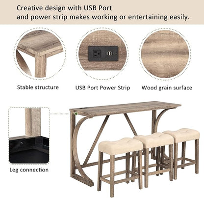Polibi 4-Piece Farmhouse Counter Height Dining Set,Bar Table and Chairs Set,Bar Table with Power Outlet and 3 Padded Saddle Seat Stools for Living Room,Dining Room,Game Room,Brown
