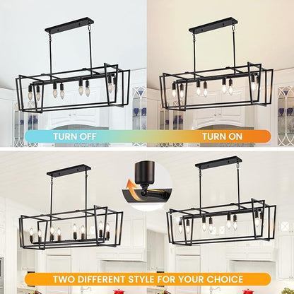 WJShome Black Chandelier, 8-Light Farmhouse Chandeliers for Dining Room, Modern Rectangle Kitchen Island Lighting, Linear Pendant Lights Kitchen Island, Dining Room Light Fixtures Over Table