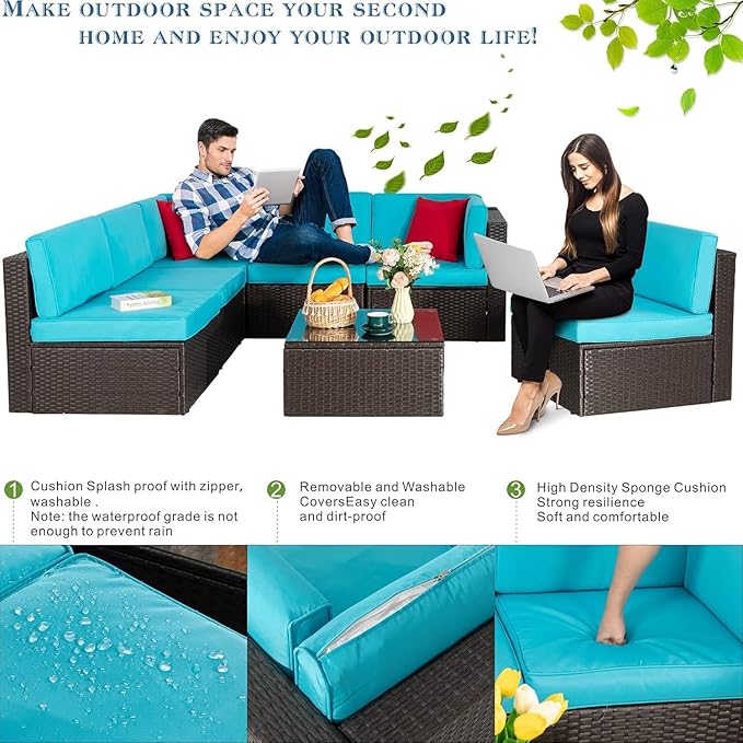 Vongrasig 8 Pieces Patio Furniture Set with 43" Fire Pit, Outdoor Couch Sectional Set, Small Conversation Set, 50,000 BTU Gas Fire Pit Propane Fire Table with Lid, Glass Wind Guard, Blue