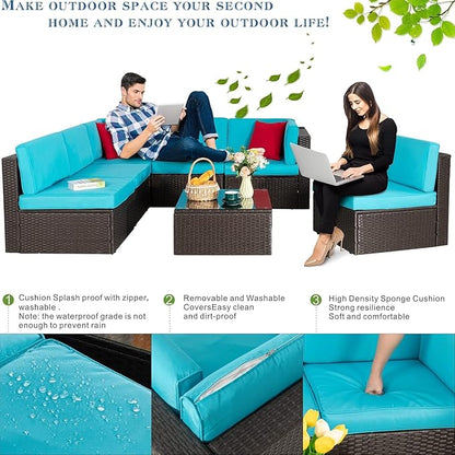 Vongrasig 8 Pieces Patio Furniture Set with 43" Fire Pit, Outdoor Couch Sectional Set, Small Conversation Set, 50,000 BTU Gas Fire Pit Propane Fire Table with Lid, Glass Wind Guard, Blue