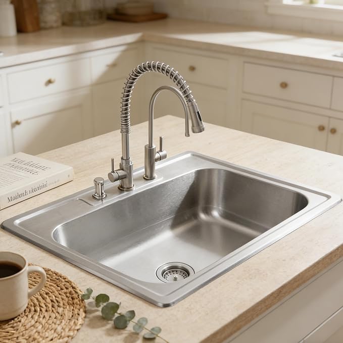 MILOSEN 33''x22'' Drop in Kitchen Sink, Topmount T304 Stainless Steel Sink with Three Holes, Single Bowl 9'' Deep Sinks with Strainer, Round Corner Large and Deep Sinks, Brushed Finish