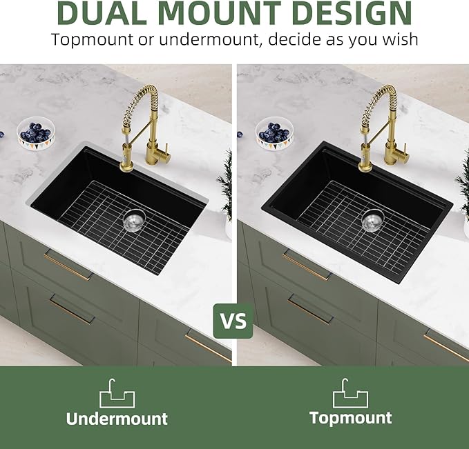 Davivy 27 Inch Black Granite Sink Workstation, 27 X 19 Granite Composite Kitchen Sink Undermount & Drop in, Deep Single Bowl with Accessories