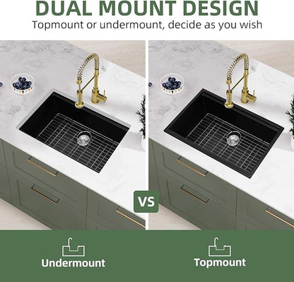 Davivy 27 Inch Black Granite Sink Workstation, 27 X 19 Granite Composite Kitchen Sink Undermount & Drop in, Deep Single Bowl with Accessories