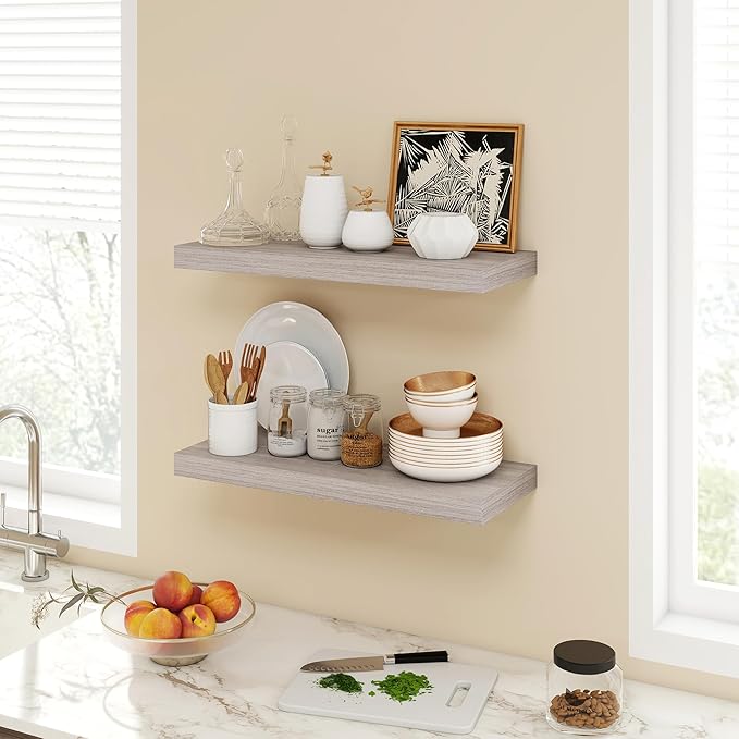 Acovy 24 Inch Floating Shelves, 9.3" Deep Floating Shelf Wall Mounted, 24" Wall Shelves, Rustic Deep Bookshelf, Large Display Shelves & Storage Shelves for Bedroom, Living Room, Gray, Set of 2