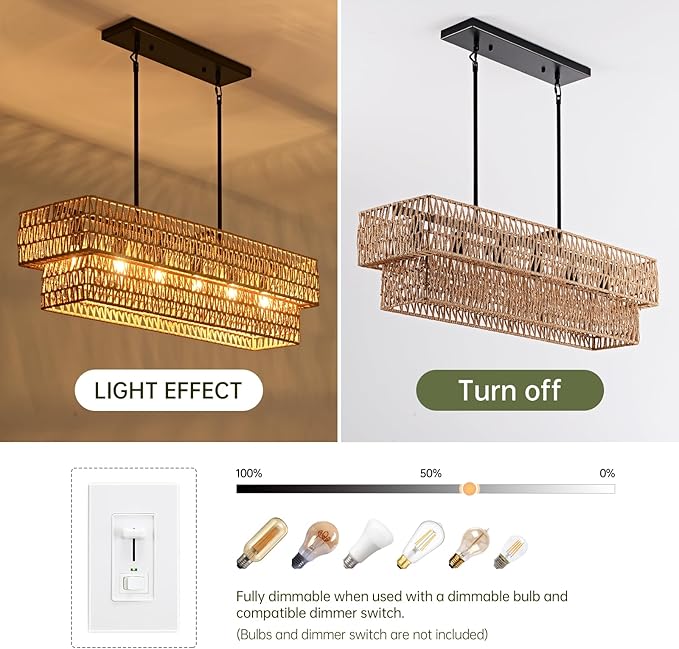 6-Light Boho Rattan Chandeliers for Dining Room, 2 Layer Large Linear Chandelier Rattan Pendant Light Fixture Farmhouse 34” Rectangle Chandelier for Kitchen Island Bar Living Room