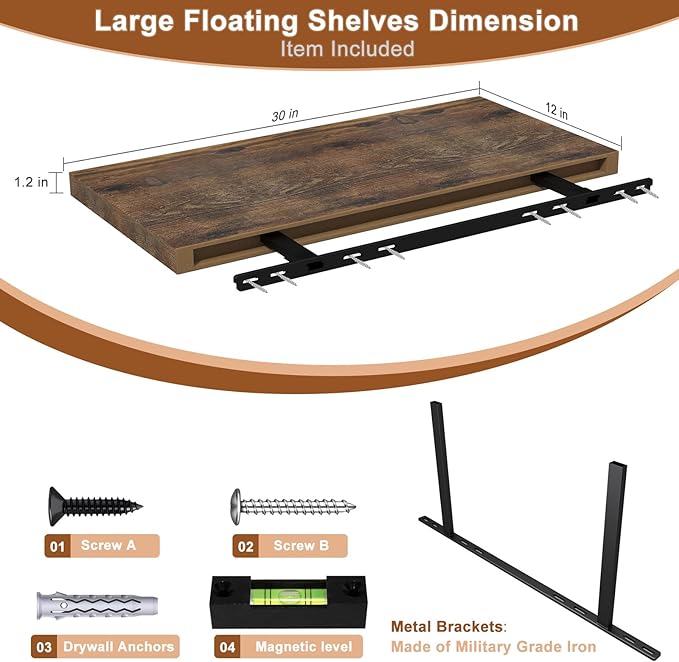 30" W x 12" D Large Floating Shelves for Wall Deep Floating Shelves for Wall 1 Pack Floating Shelf Large Storage Space Wall Mount Shelf for Living Room Kitchen Bathroom Rustic Brown
