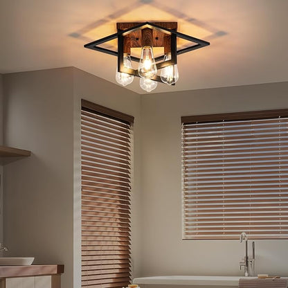 Semi Flush Mount Ceiling Light Fixture, 4 Light Industrial Ceiling Light with Black Frame & Wood Grain Accent, Close to Ceiling Farmhouse Lighting for Kitchen, Bathroom, Bedroom, Hallway (E26,2-Pack)